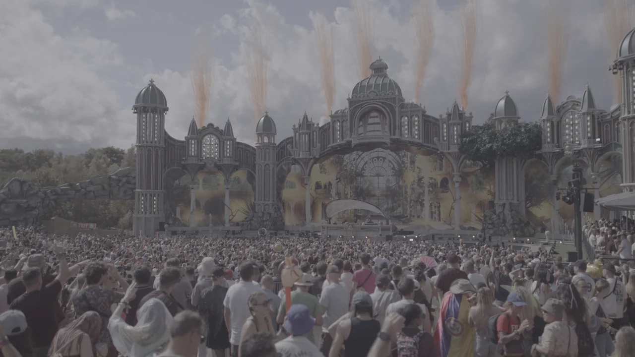 Wide shot of a festival main stage with pyro, as shot in RED Log3G10